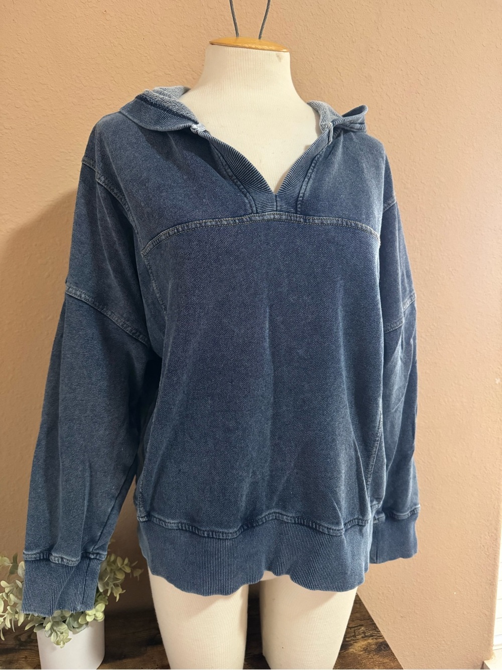 Jane and Delancey Washed Blue V-Neck Hooded Sweater